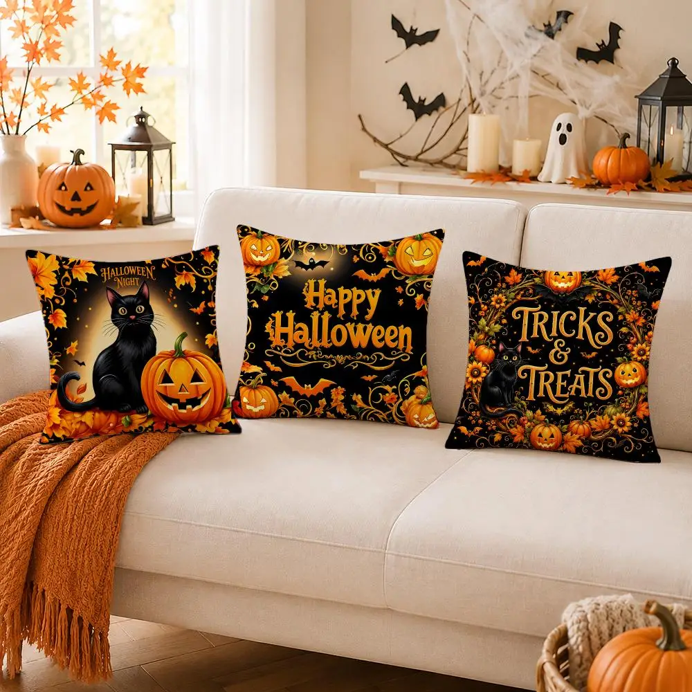Ornate Black Gold Halloween Text Posters Cushion Cover Skin-Soft Pillow Cover Festive Home Accent Great Gift for Sofa Bed