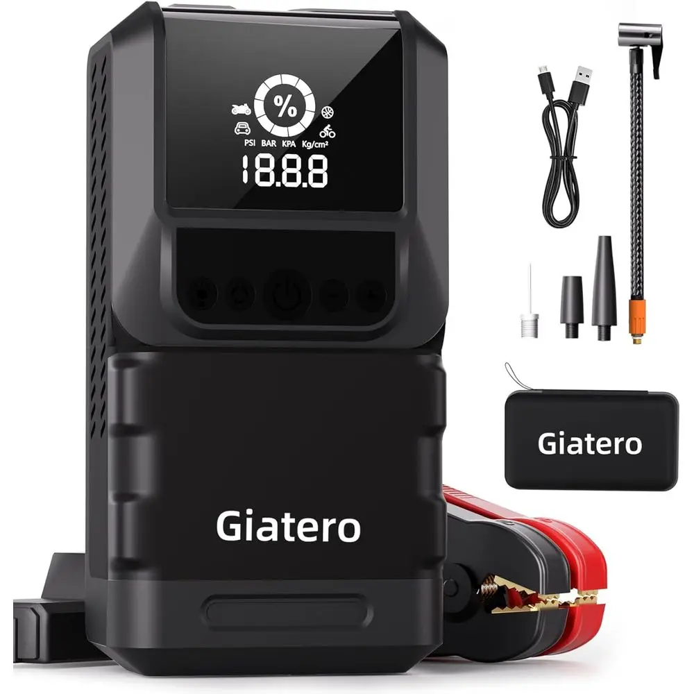 

Portable 6000A Car Jump Starter with Air Compressor, 12V Jump Box, 3 LED Flashlight, LCD Display Power Bank