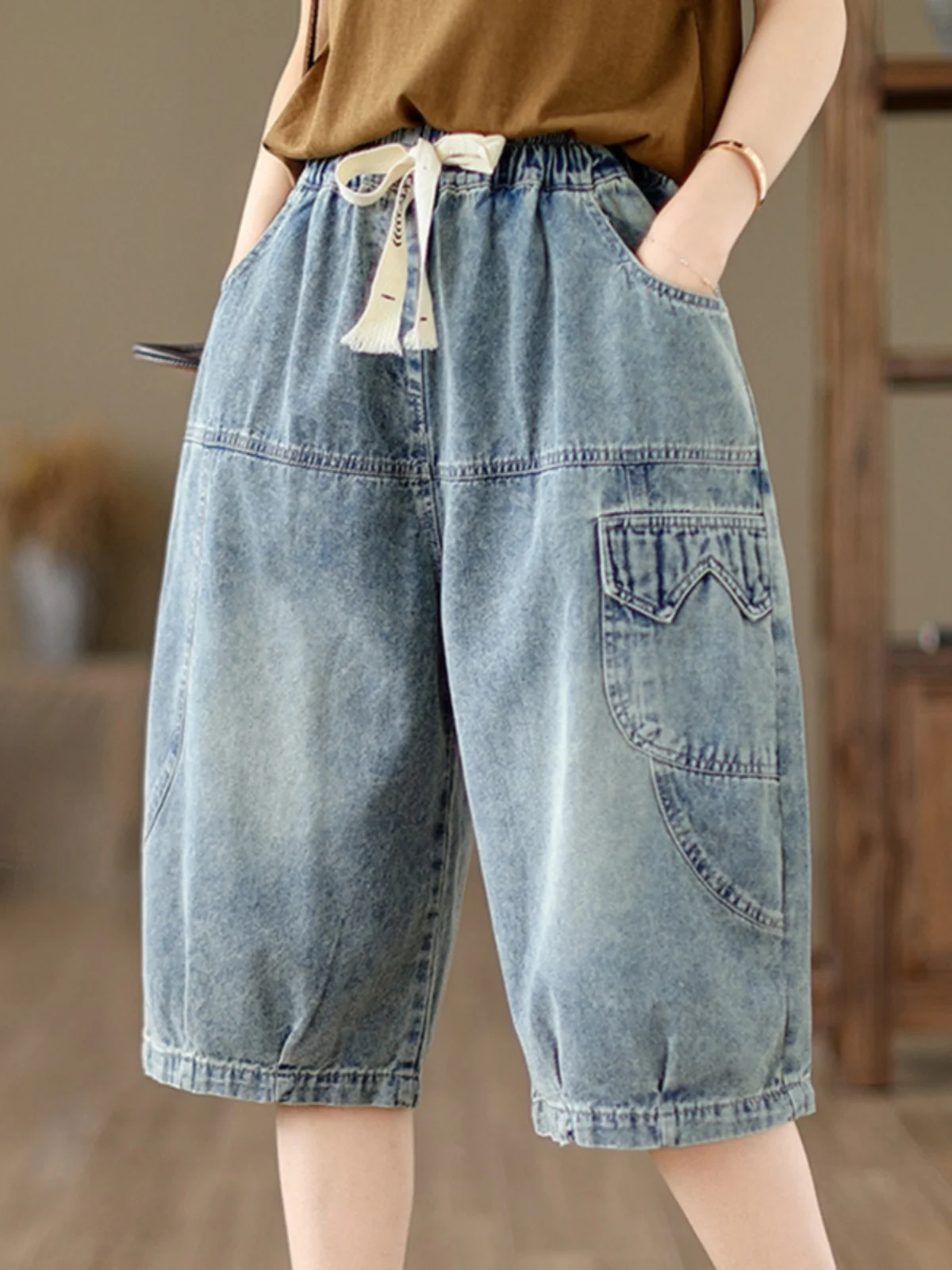 جينز فضفاض واسع الساق للنساء صيفي رقيق كاجوال عالي الخصر سبعة أقدام جينز مريح مستقيم الساق