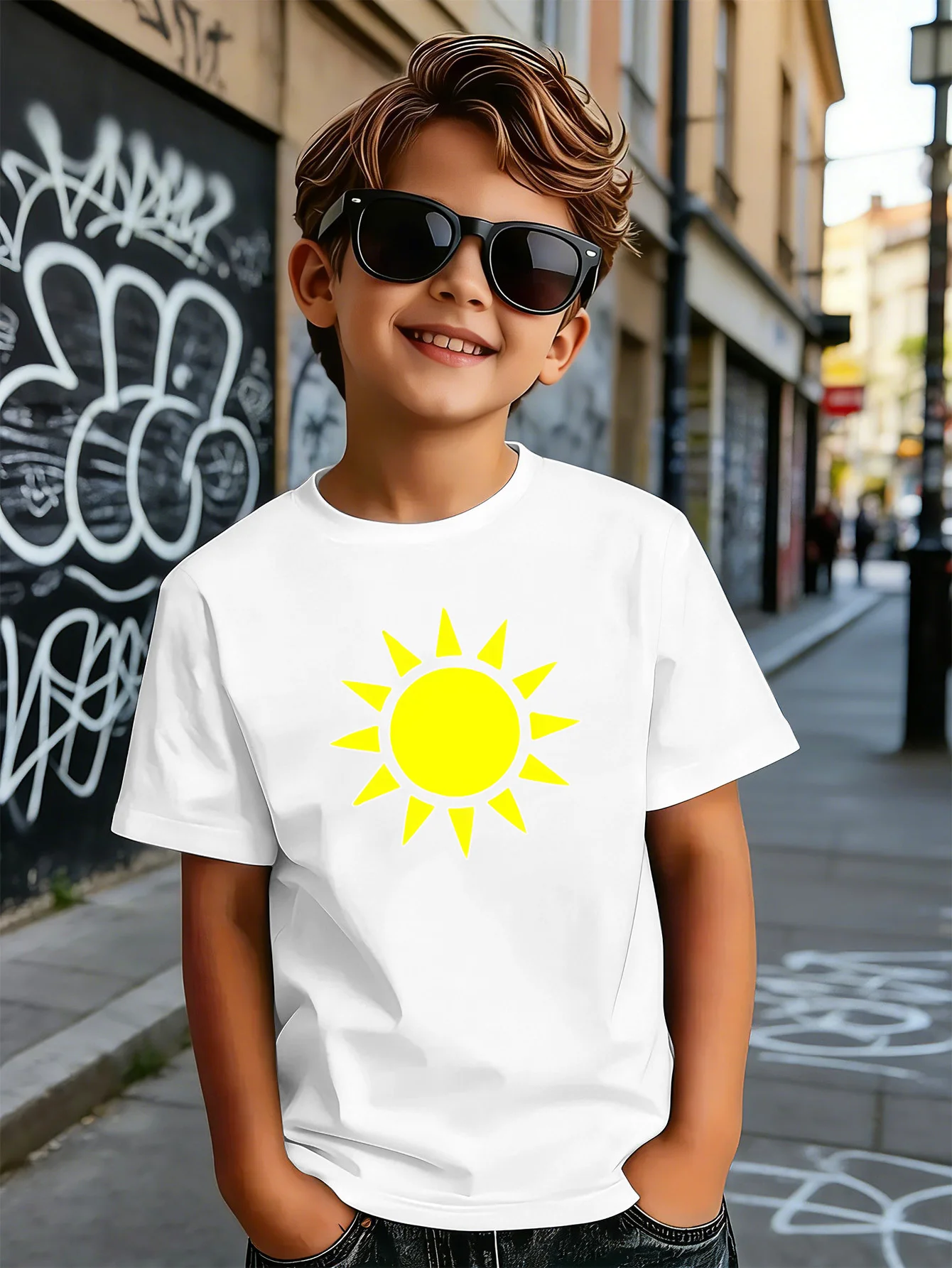 Bright Yellow Simple Sun Graphic Print Boys Girls Family Matching Cotton Short Sleeve Crew Neck Soft Summer Kids Casual Tees