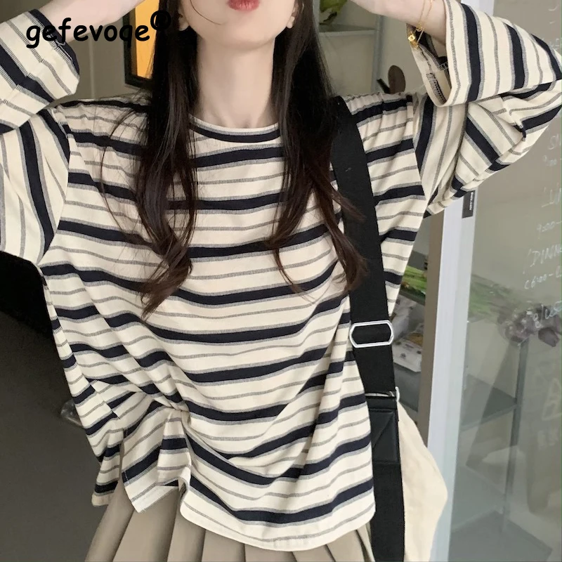 Women\'s Trendy Vintage Striped Print Tees Casual Streetwear Oversized Basic T-shirts Female O Neck Long Sleeve Harajuku Y2K Tops