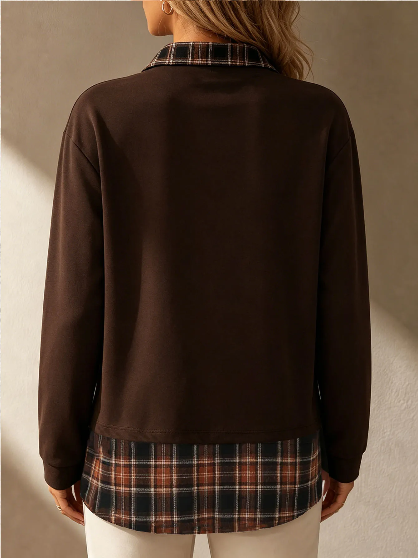 Spring and Autumn Style Women's Plaid Casual Artistic Fake Two-Piece Patchwork Daily Commuting Sweatshirt