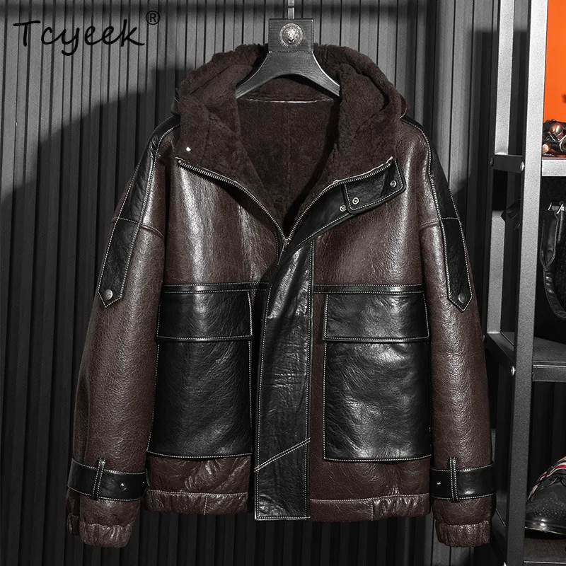 Tcyeek chaqueta de cuero genuino para hombre 2025, ropa de invierno, chaquetas con capucha para hombre, abrigos de piel de oveja Natural, abrigos de piel holgados Куртка Muhж......