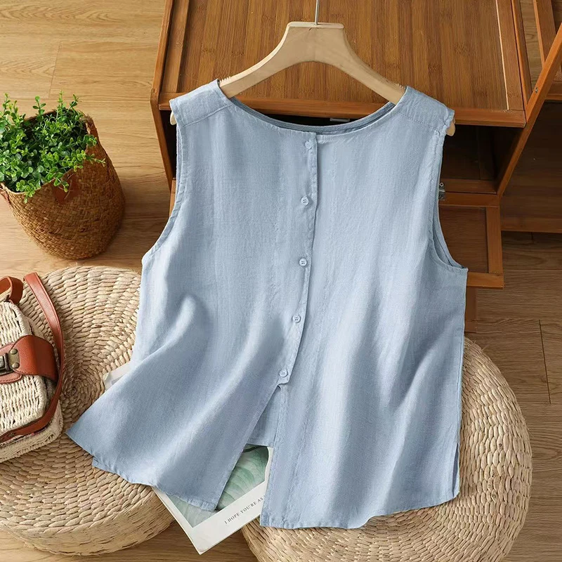 

Women's Summer Thin Cotton Linen Vest Two Sides Wear Button-Up Sleeveless Jacket Cover Ups Pink Blue Navy Blue Tank Top Cardigan