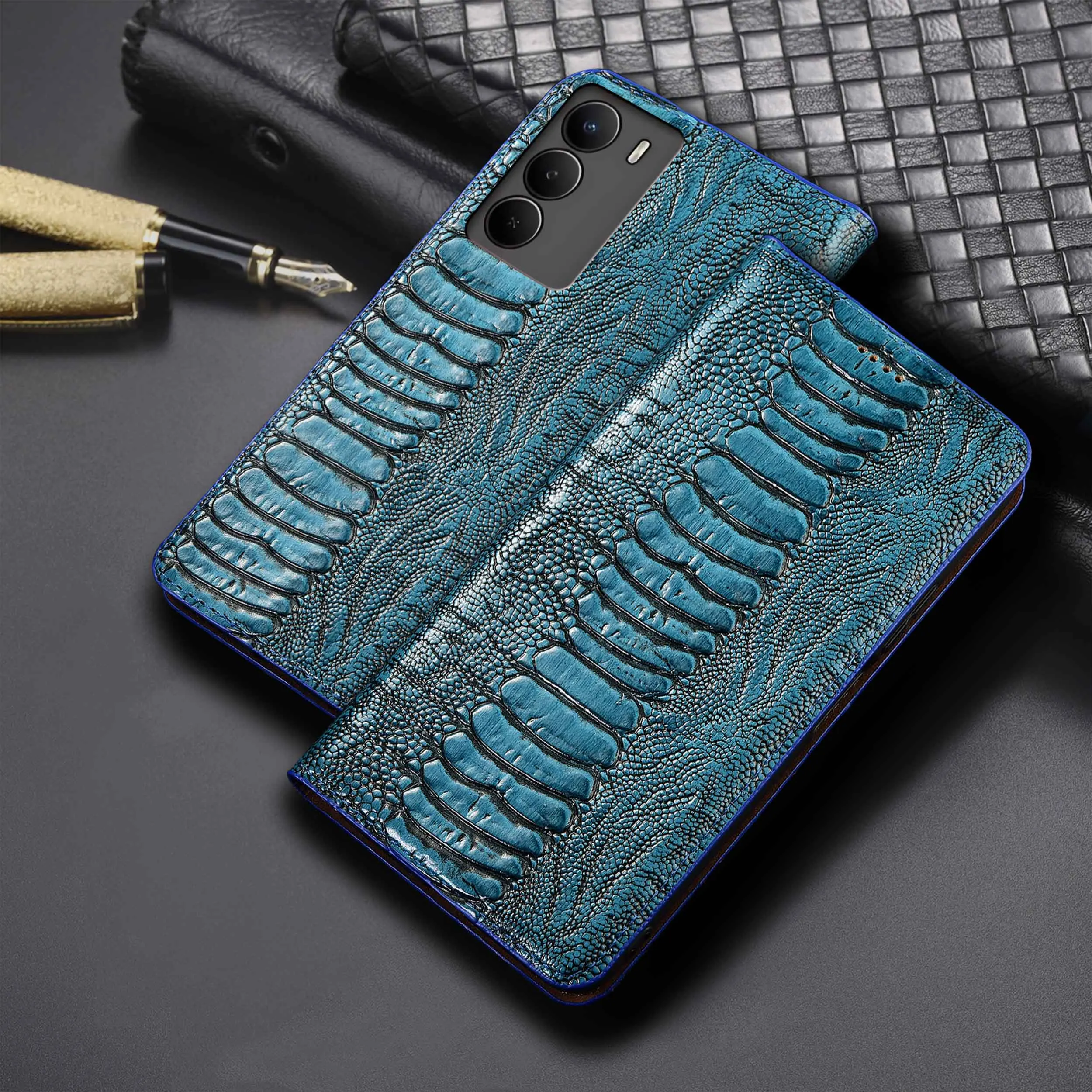 

For Realme V3 V5 V11 V13 V15 V20 V23 V23i V25 V30 V50S V60 Pro Ostrich Feet Pattern Of Genuine Leather Flip Phone Case Cowhide