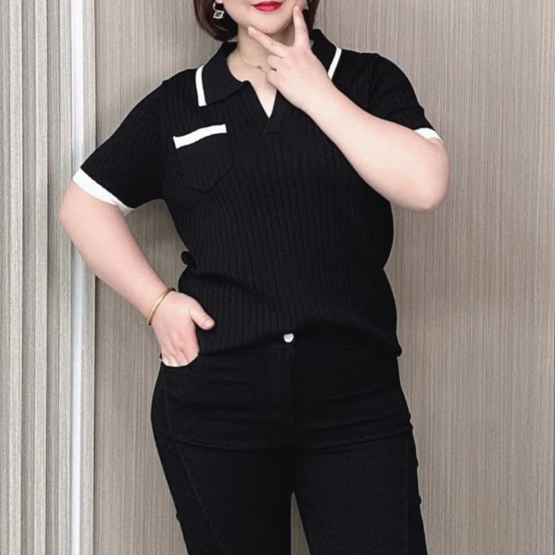 Summer Ice Silk Knit Short Sleeve T-shirt Women 2024 New Plus Size Casual Slimming Block Color Polo Collar Tees