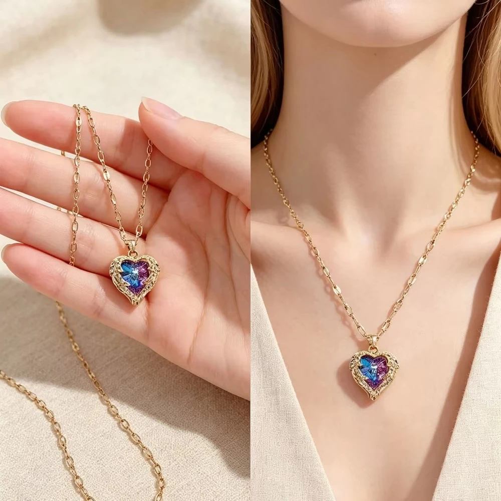 Women Luxury Love Heart Necklace Inlaid Purple Blue Zircon Elegant Romantic Jewelry Daily Party Dating Accessory Gift