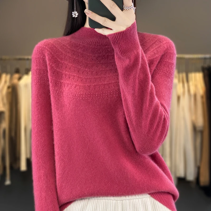 New Cashmere Sweater In Autumn And Winter 100% Pure Wool Women's Semi-High-Necked Knitted Pullover Hollowed-Out Fashion Top