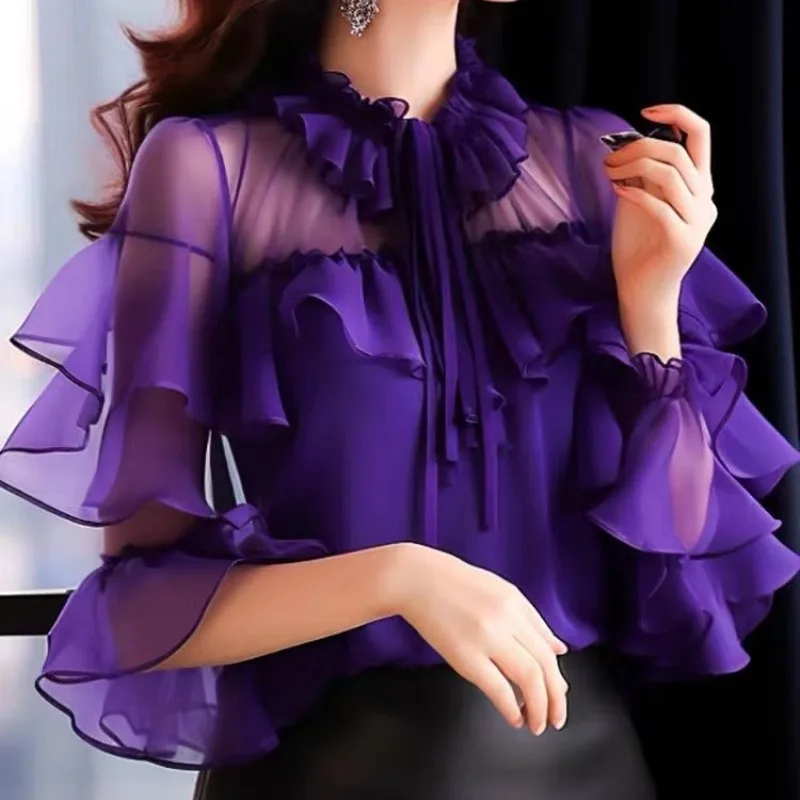 

Fashion Ruched Round Neck Ruffles Women Solid Color Spring 2024 New Gauze Drawstring Long Sleeve Slim Elegant Chiffon Shirt Tops