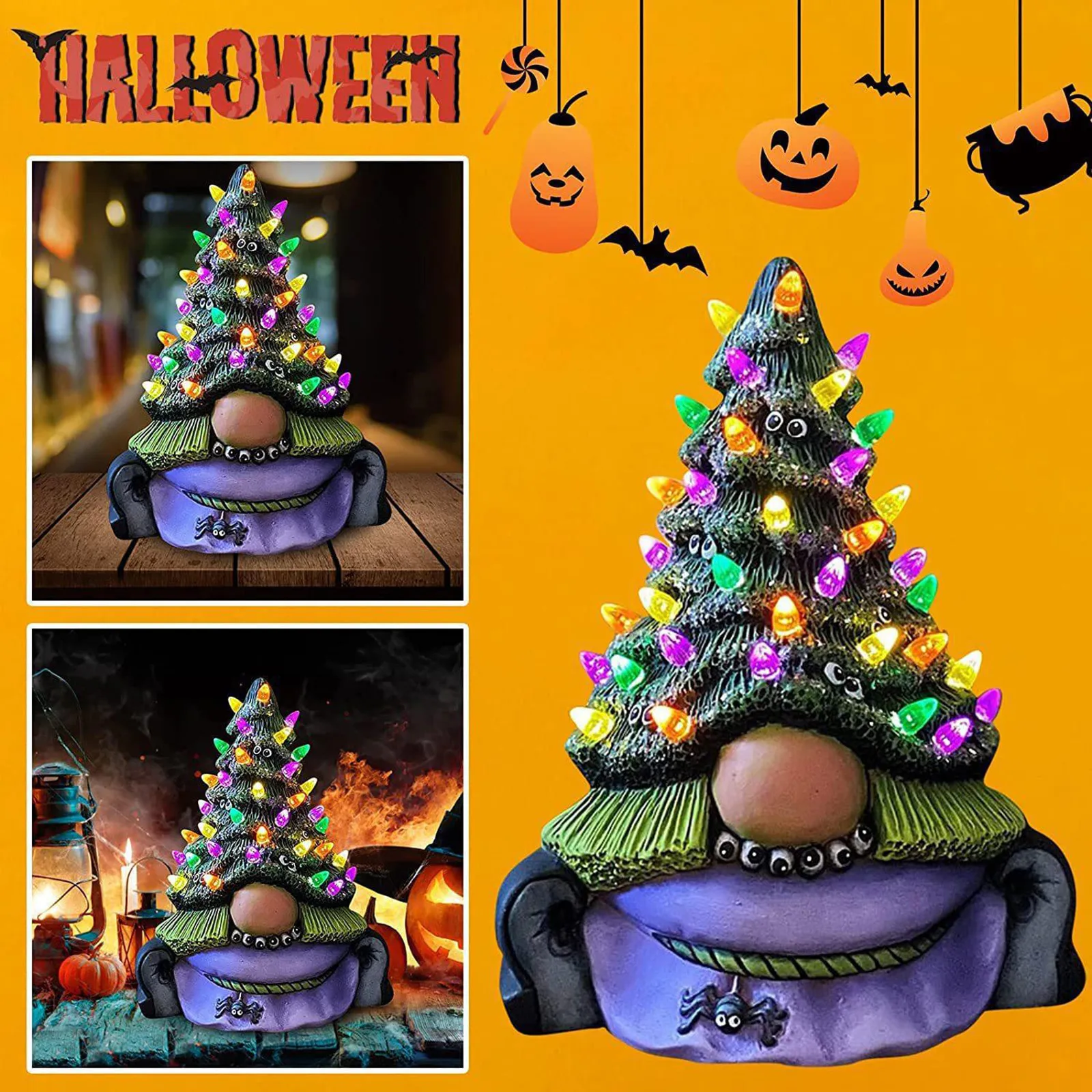 Lighted Gnome Resin Tree Halloween Decorations Large Size 7.5 Inch Battery Operated Collectible Figurines With Battery