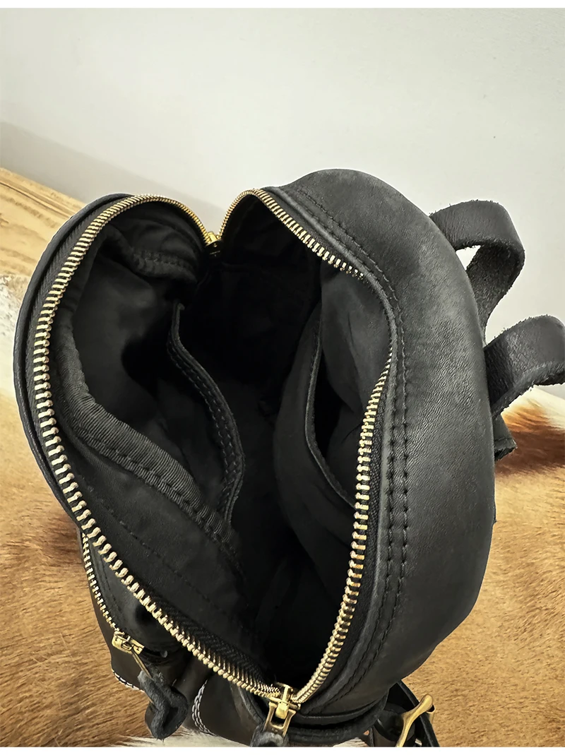Simple vintage high quality thickened cow leather women's small backpack outdoor travel handmade genuine leather black bookbag
