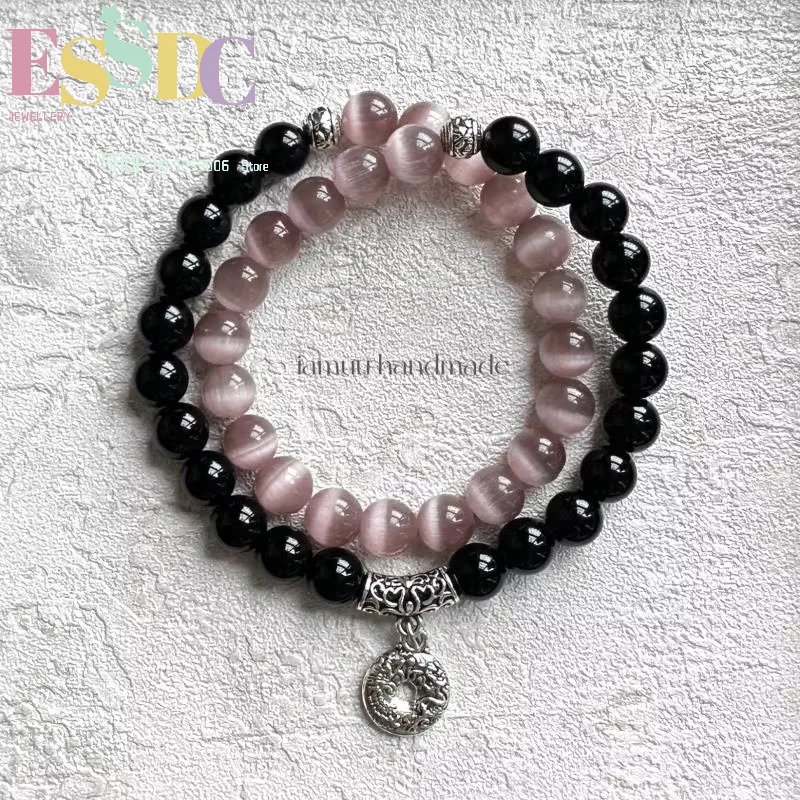 Banquet accessories Moyan new Chinese style natural obsidian cat's eye transfer beads energy beaded double circle bracelet