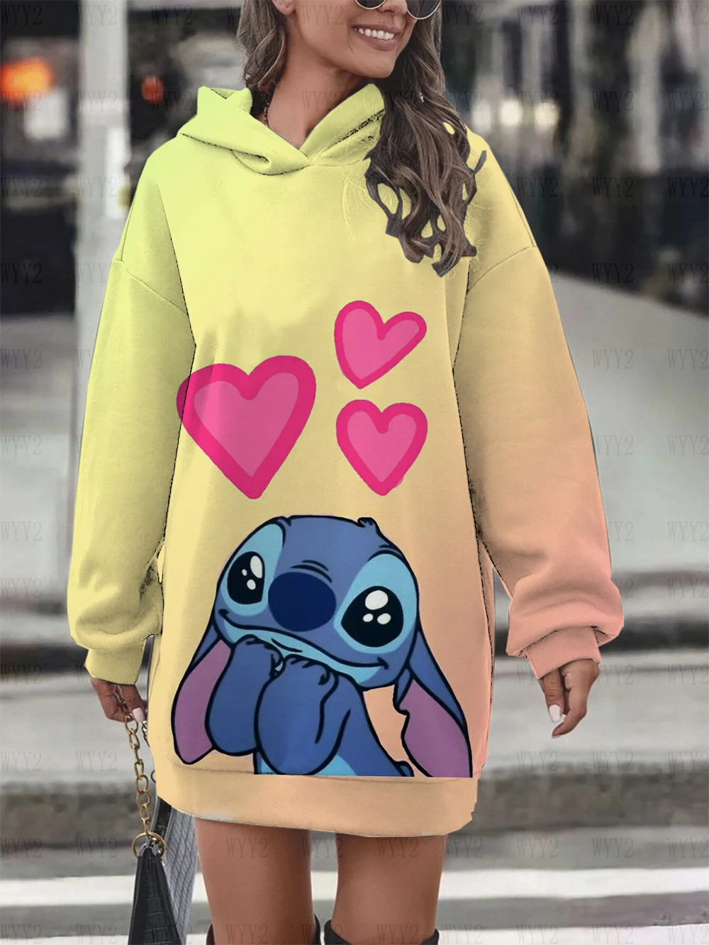 

Fashion Women's 2024 Simple Autumn and Winter Hoodie Dress Dress Disney Stitch Printed Long Sleeve Hoodie Pullover