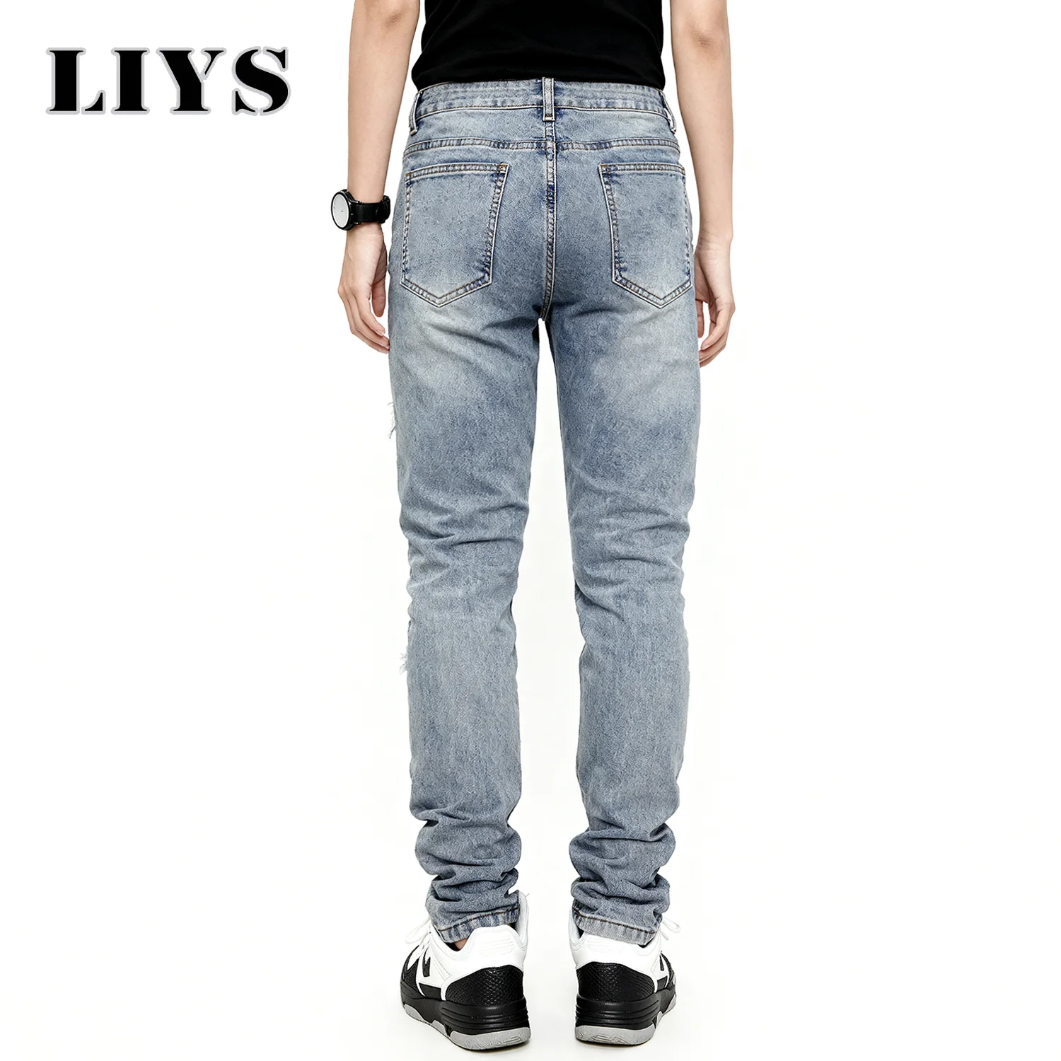 الرجال الأوروبية الأمريكية الرجعية مطاطا جينز ضيق للجنسين اليومية عادية نحيل الدينيم السراويل الأزرق ممزق مدبب الدينيم سروال شكل قلم رصاص #5