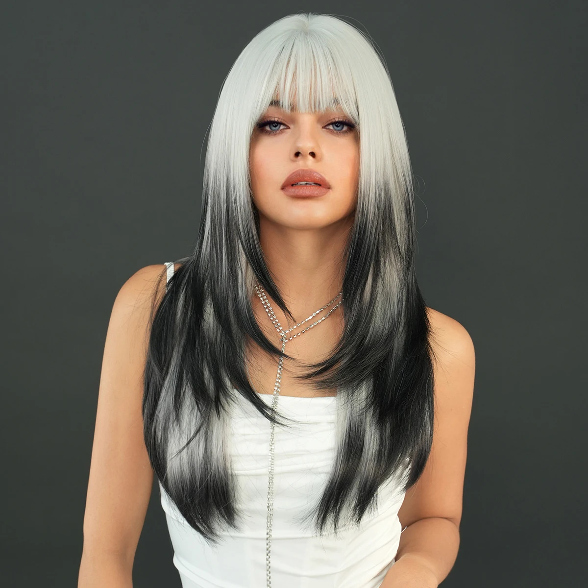 

7JHH WIGS Costume Wig Long Straight Layered White Ombre Black Wigs with Air Bangs Synthetic Heat Resistant Fiber Hair Wigs