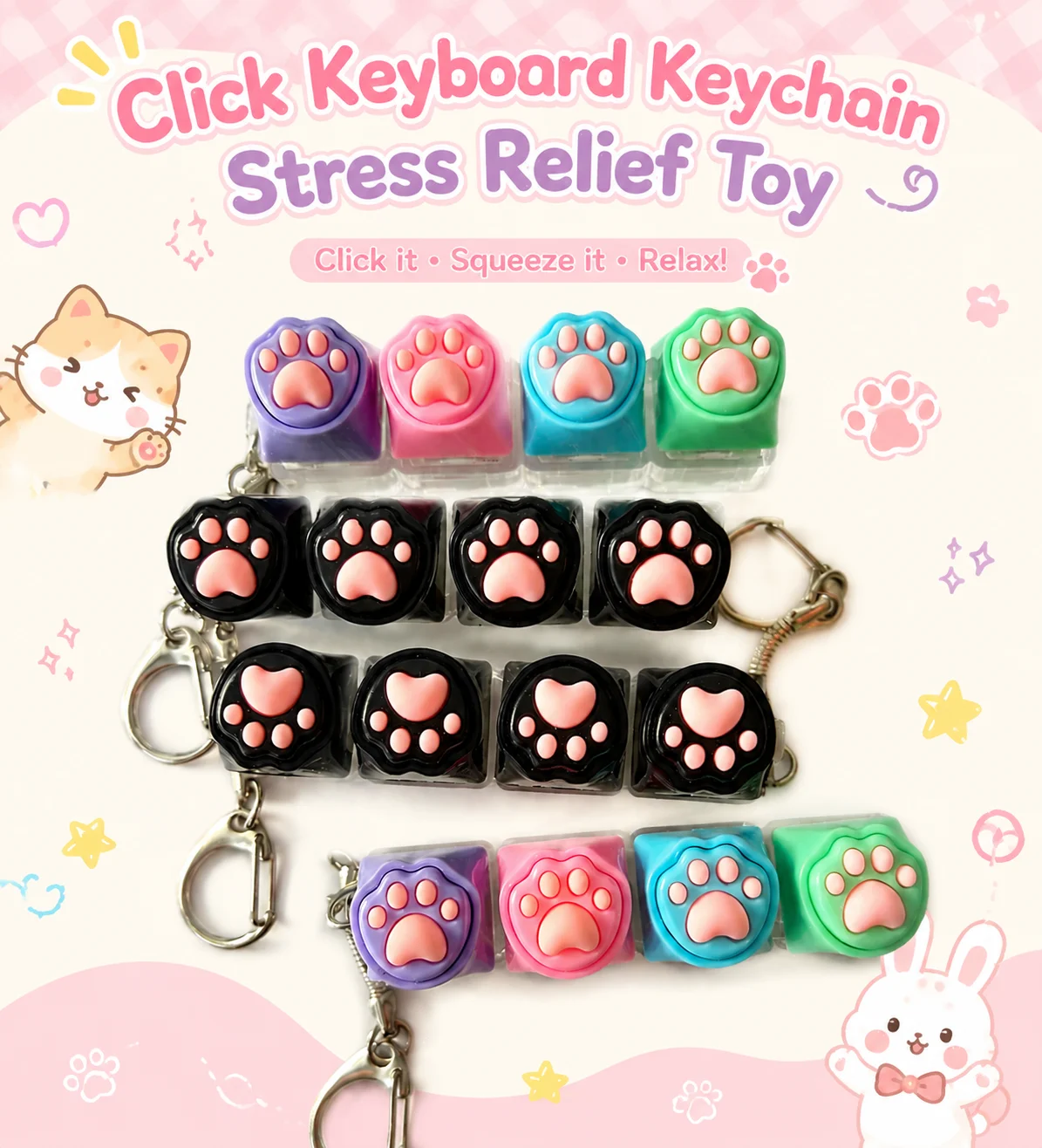 Macaron‑colored Cat‑Paw 4‑Key Mechanical Keyboard Silicone Keycap Switch Tester Fidget Keychain Pendant