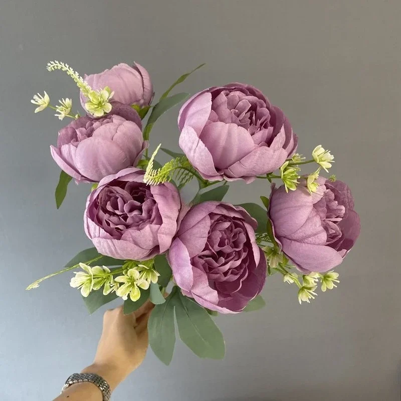 3/4 Stück Hochzeits-Pfingstrosen in Rosa, herzförmig verpackt, künstliche Blumen, 7 Blütenköpfe, Pfingstrosenstrauß, Seidenblumen, Heimdekoration – Detail 21