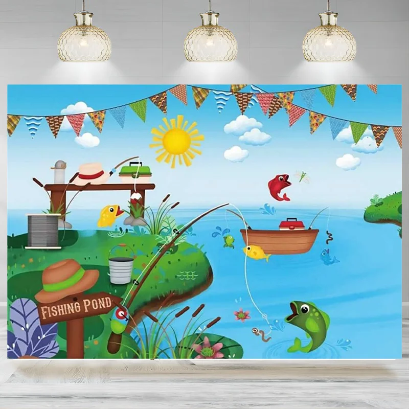 Fishing Pond Backdrop Kids Bunting Boat Fishes Blue Sky Photography Background Baby Shower Newborn Birthday Party Decors Banner