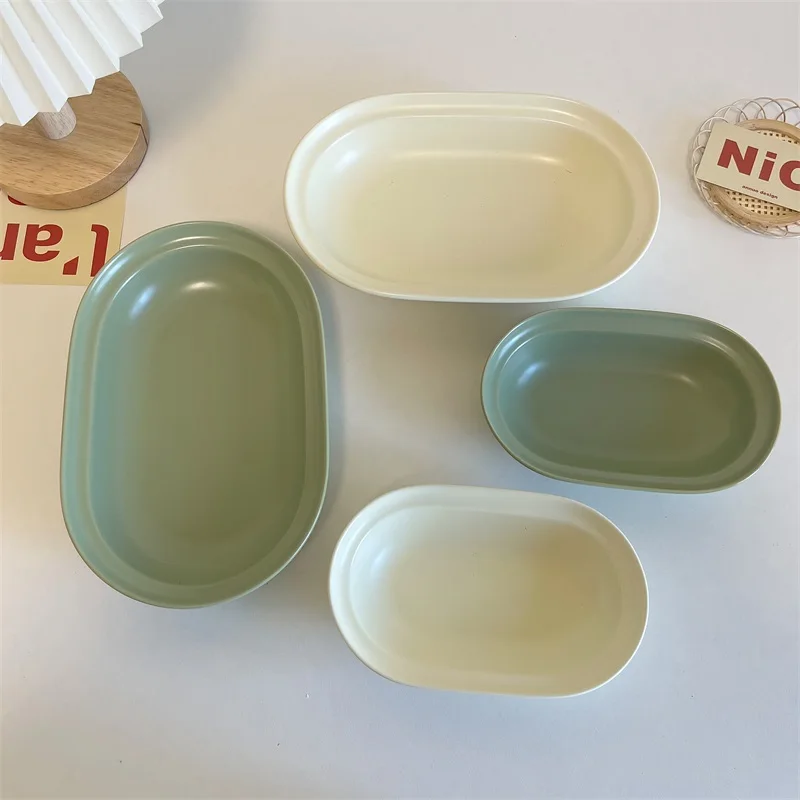 Oval Ceramic Plate Korean Style Simple Solid Color Deep Porcelain Dinnerware Breakfast Oats Fruit Yogurt Salad Plates