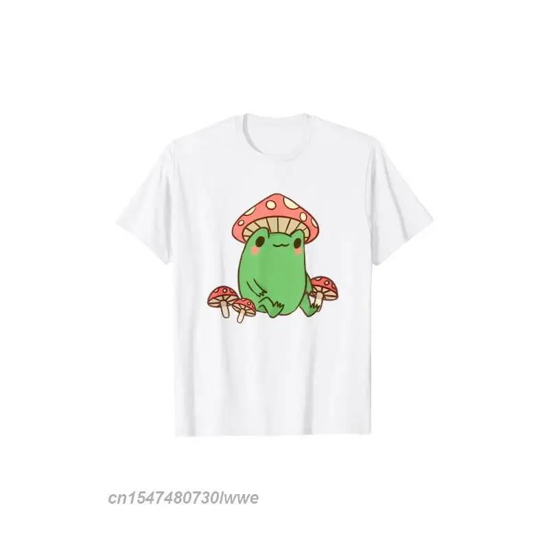 Frog With Mushroom Hat Cute Cottagecore Aesthetic T-Shirt Women's Funny Cute 100% Cotton Tops Graphic Tee Shirt Oversize