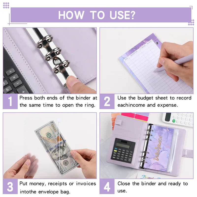 A6 Marble with Calculator Money Budget Planner Binder Zipper Envelopes Cash Envelopes For Budgeting Money Organizer Binder