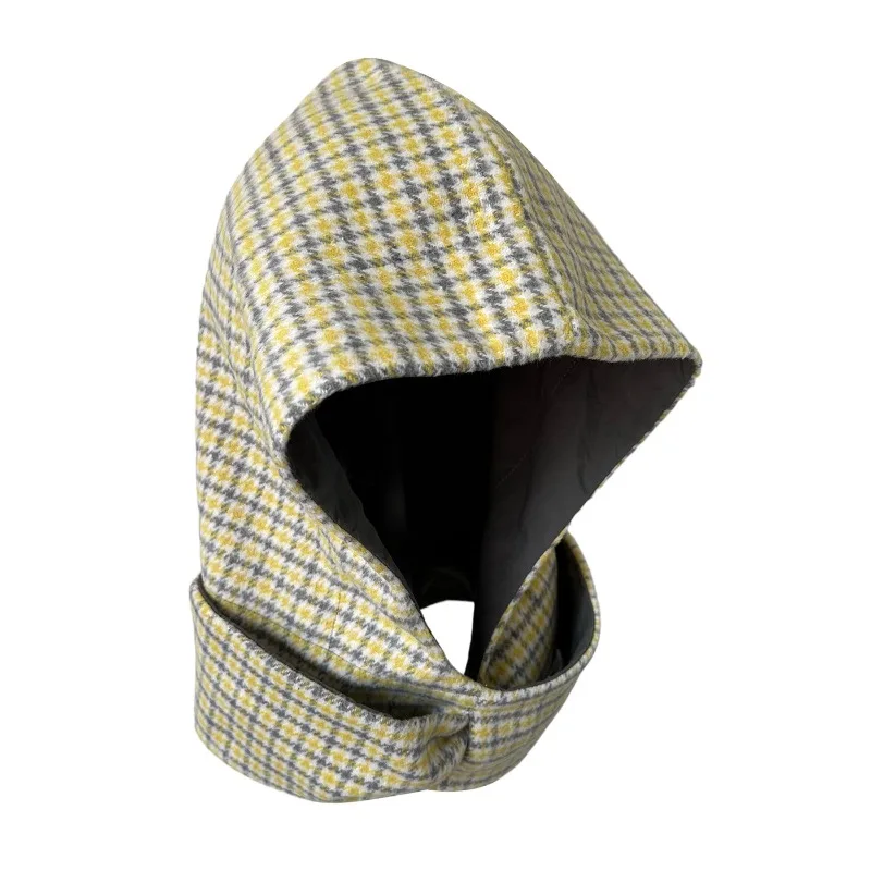 Winter New Fashion Warm Hooded Scarf Hat Set  Plaid Knit Headband Wrap