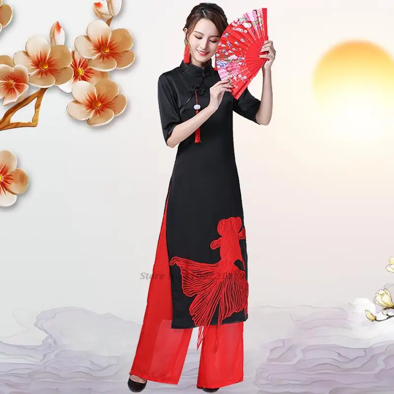 

2024 vietnam vintage dress national fish embroidery oriental qipao dress+pants set retro aodai set elegant oriental retro qipao