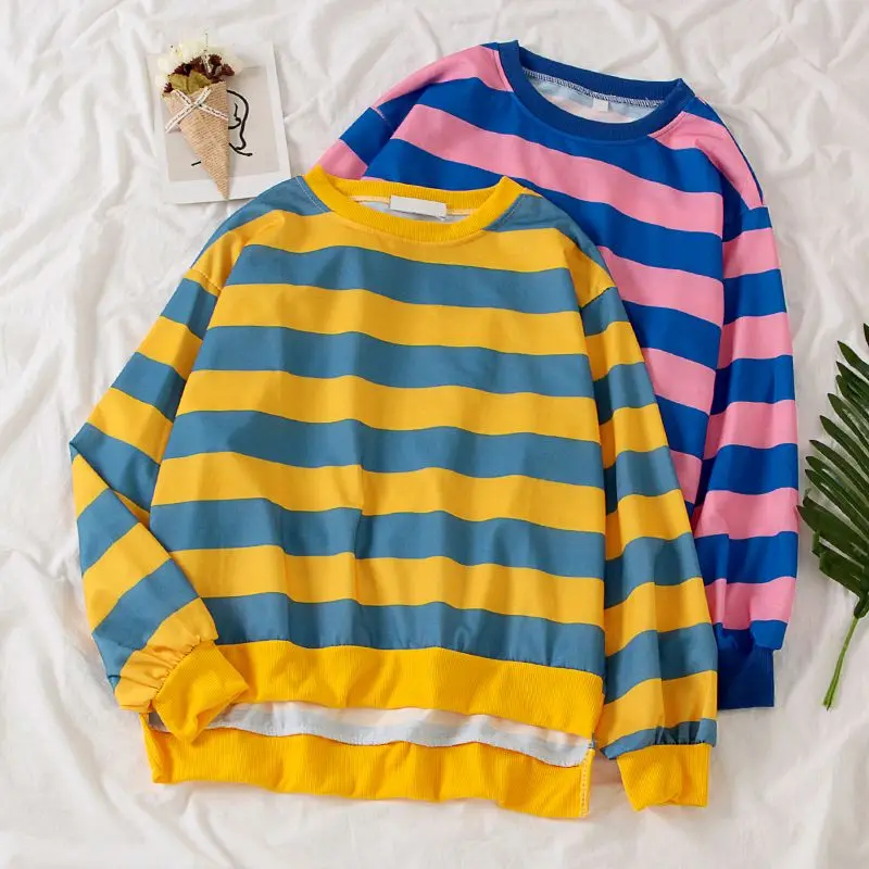 

High Street Asymmetrical Contrast Striped Tops Women Clothing New Long Sleeve Loose Casual T Shirts Spring Autumn Fashion Trend