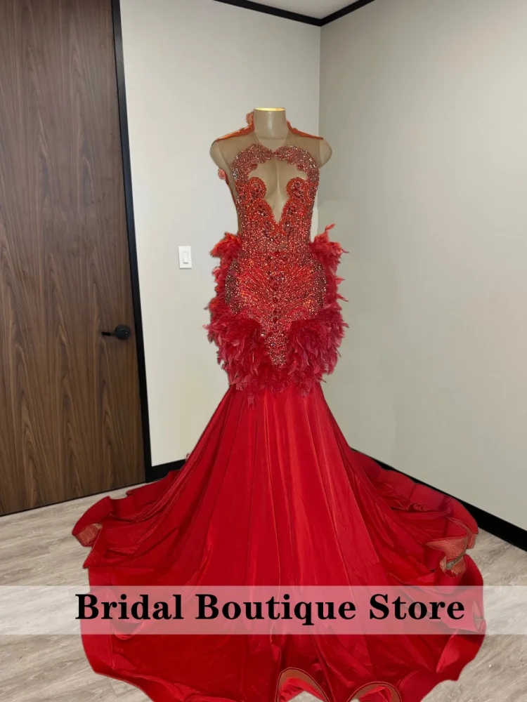 

Red Velvet Party Dress Diamonds Prom Dresses Feathers Party Wedding Evening Black Girl 2026 Birthday Gown Customized