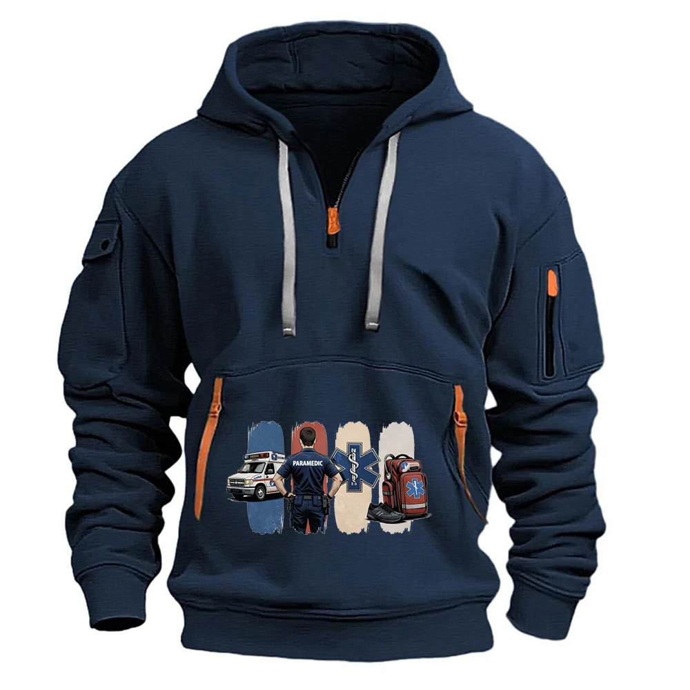 

Мужская толстовка-пуловер с короткой молнией и принтом «Скорая помощь» (EMT), весна-осень 2026, новая коллекция, модная повседневная спортивная толстовка-худи