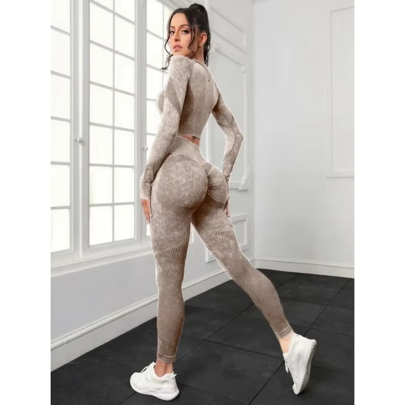

VEQSKING Washed Peach Hip Fitness Pants Sports Set Women's Quick Drying Running Tight Top Outfits Seamless Yoga Clothing Set