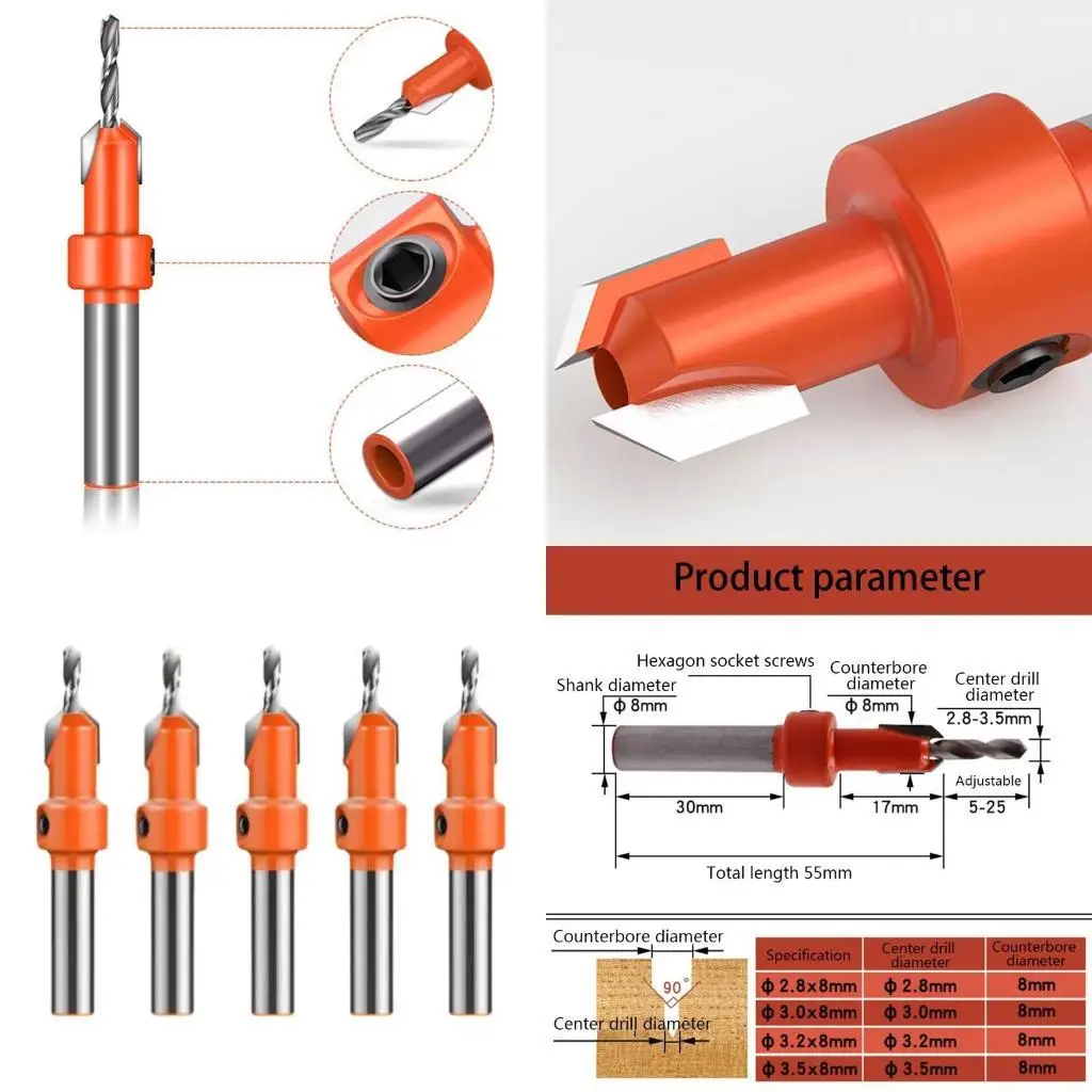 

E8BD High Speed Steel Woodworking Countersunk Bit- 5 Pcs Blade Diameter 8mm