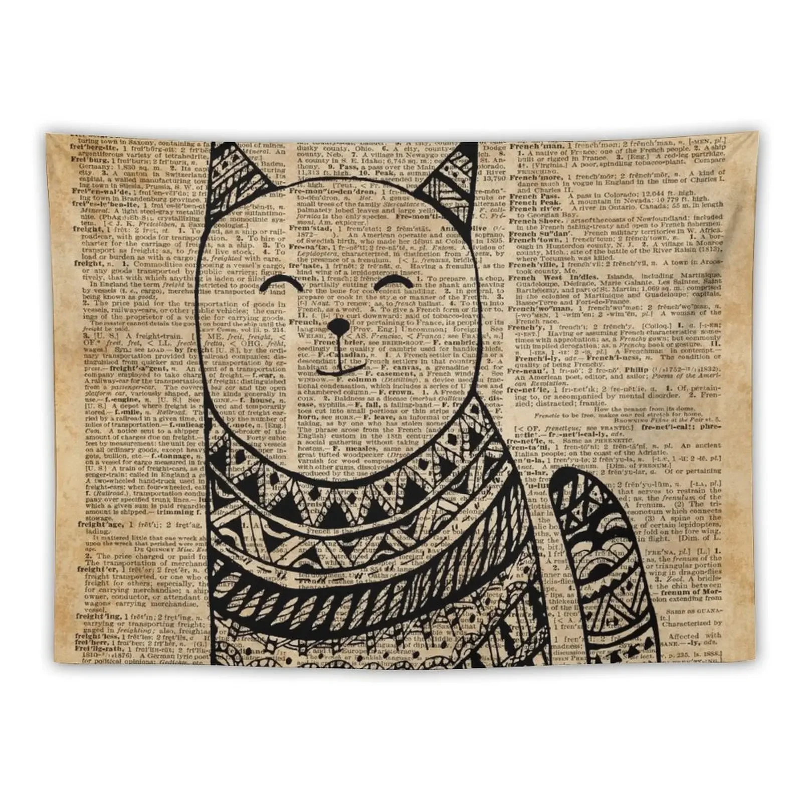 

Smiling Cat Pen & Ink Zentagle Dictionary Art Tapestry Home Decor Aesthetic Decor For Bedroom Tapestry