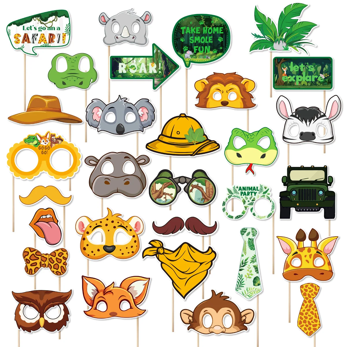 30 Uds. Accesorios para fotomatón de Safari en la jungla, accesorios para fotomatón de bosque salvaje, suministros de decoración para fiesta de cumpleaños y Baby Shower, telón de fondo