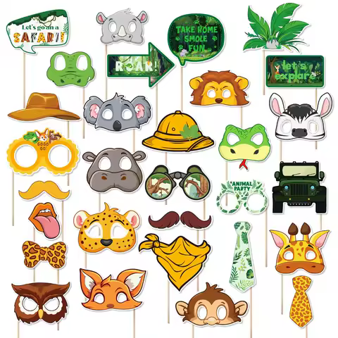 30pcs Jungle Safari Photo Booth Props Wild One Forest Photobooth Props Supplies Baby Shower Birthday Party Decorations Backdrop