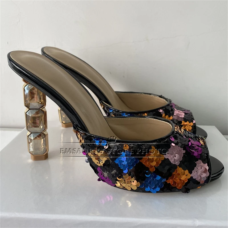 Colorful Bling Sequins Modern Sandals Women Diamond Triangle High Heel Slingbacks Summer Mules For Girls