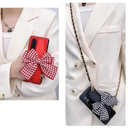 For Samsung Galaxy Z Fold 7 6 5 4 3 2 5G Cute Houndstooth Bow Wrist Strap Holder Crossbody Long Lanyard Chain Matte Case Cover