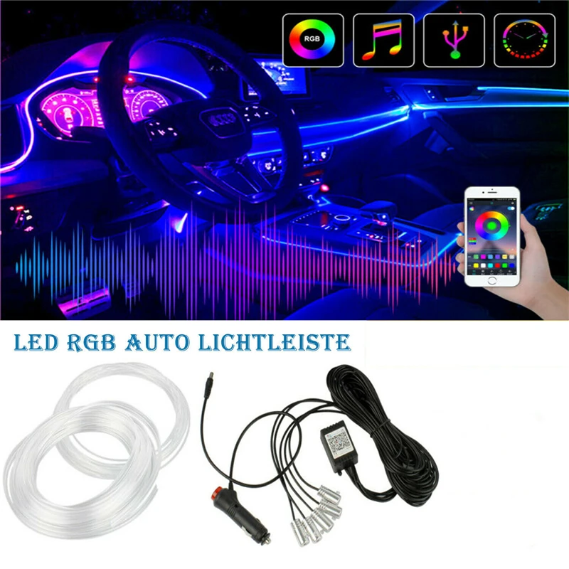 12V 6M Strip LED Car RGB Light Mood Lamp Sound Sensor Bluetooth Wireless Decoration Caravan Auto Ambient Lamp