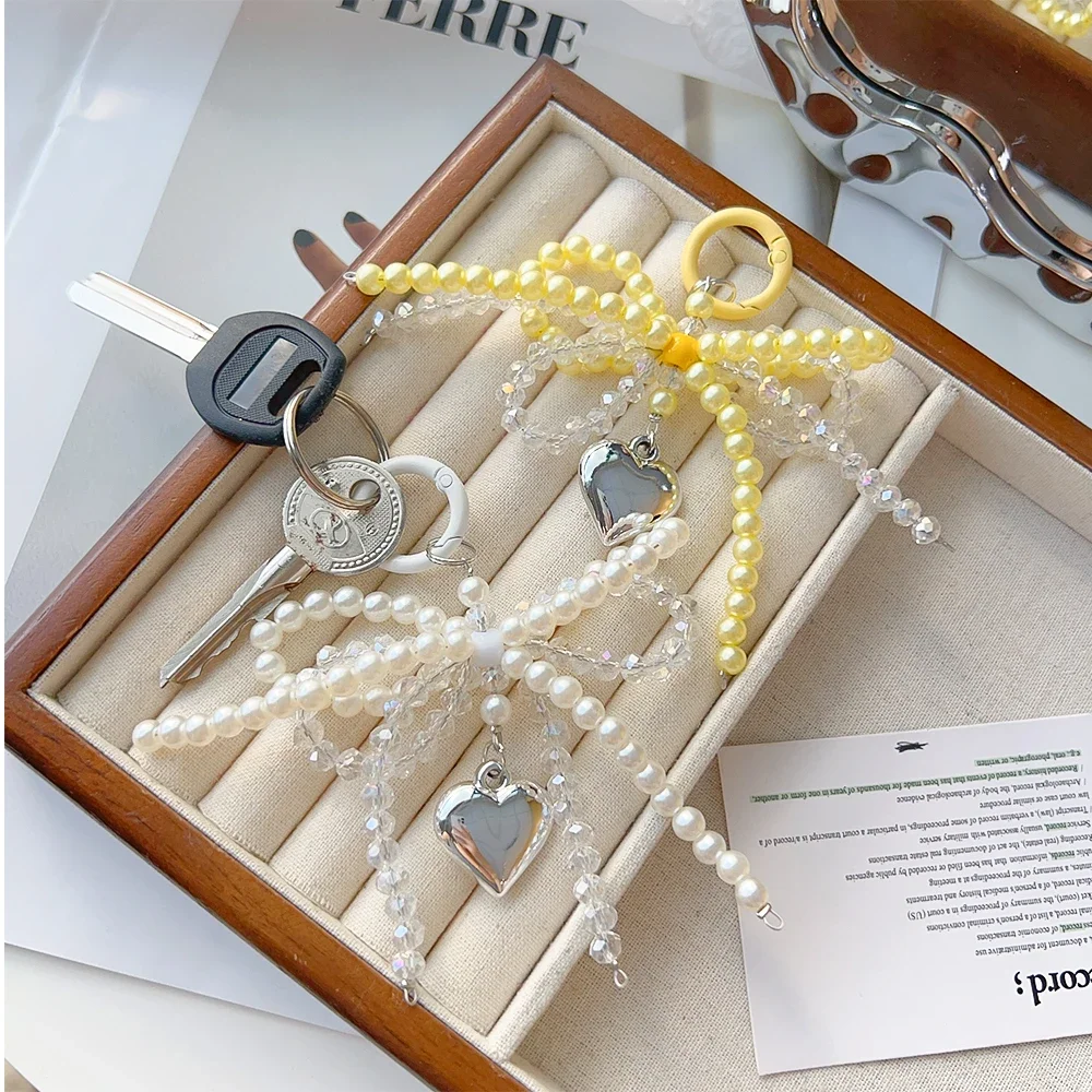 Y2K Lattice Ribbon Bowknot Pearls Bag Pendant Charm Heart Keychain Elegant Beaded Keyring Sweet Key Chain Phone Key Bag Hangings