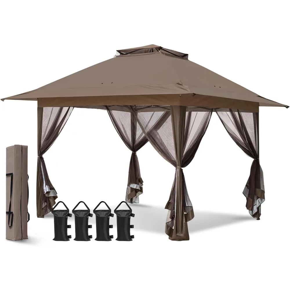 

13x13 Pop Up Gazebo with Mesh Netting, Easy Up Screened Canopy for Patio and Backyard, Easy Set up Outdoor Gazebo (Brown)