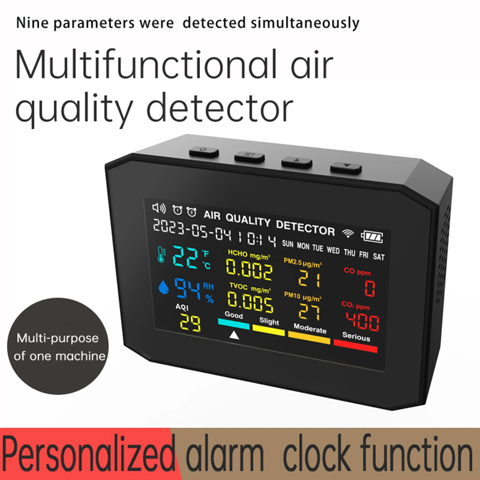 10 in 1 Air Quality Meter CO Carbon Dioxide Detector Time/Date Temperature, Humidity, Formaldehyde, TVOC, AQI, PM2.5, PM10 Show