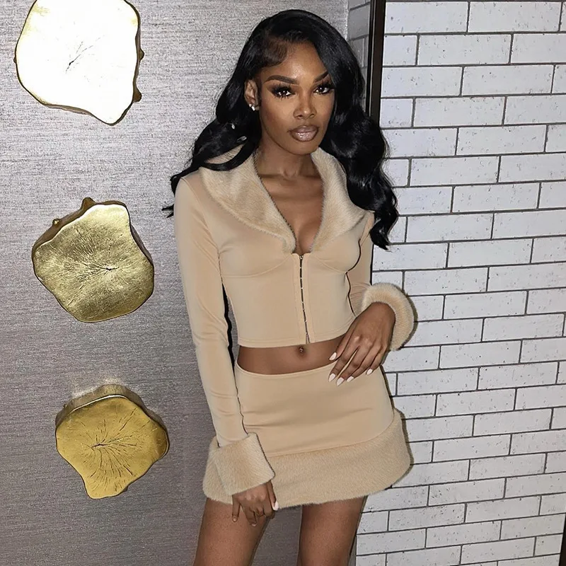 Women Faux Fur Patchwork 2 Piece Set Turn Down Collar Long Sleeve Single Breasted Jacket Crop Top + Bodycon Mini Skirts Suits