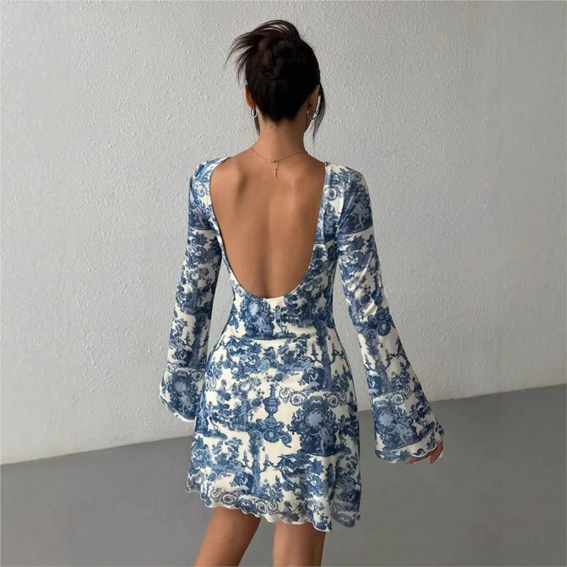 2025 Vintage Print Bodycon Dress Elegant Flare Long Sleeve Slim Fit Mini Dress Sexy Backless Boho Chic Party Dress Women Outfit