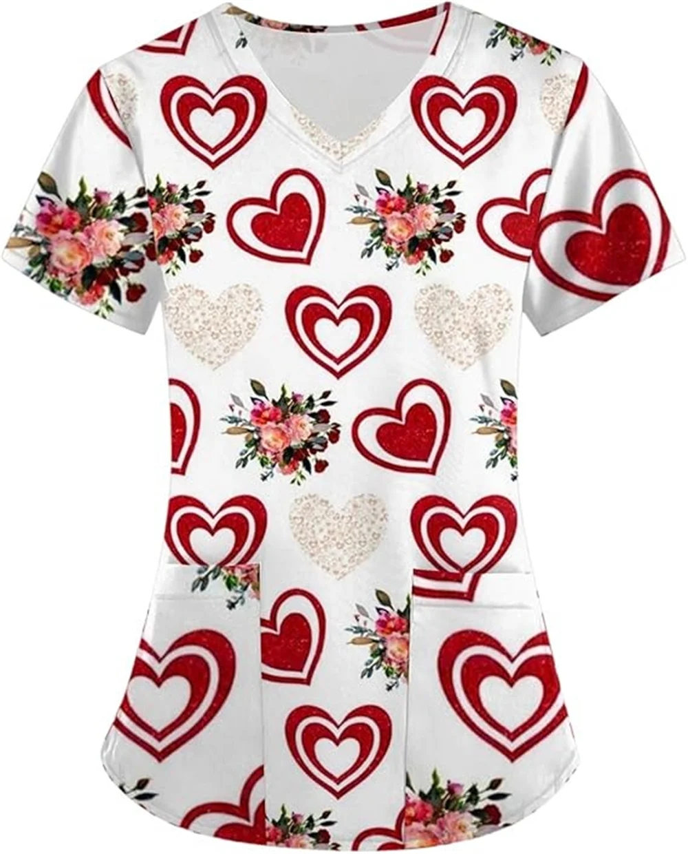 Uniformes estéticos con estampado 3d para mujer, ropa de trabajo de manga corta con cuello en V y corazón, bonita, de talla grande