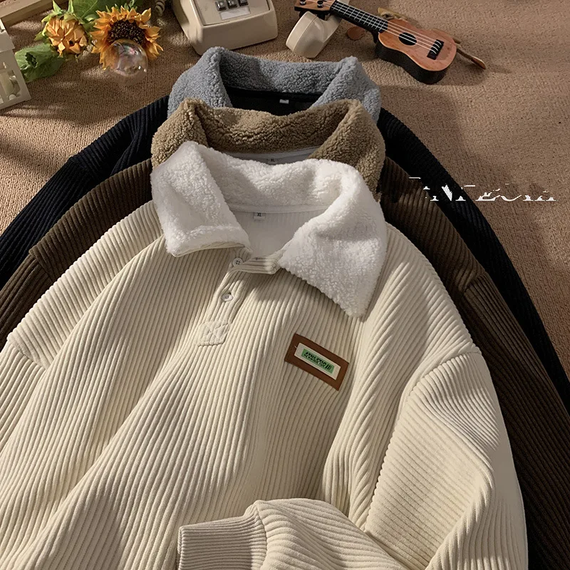 Corduroy Fleece Lapel Hoodie Men's Autumn and Winter Thickened Fleece-lined Loose Japan Fashion Vintage Polo Shirt Tops Y2k