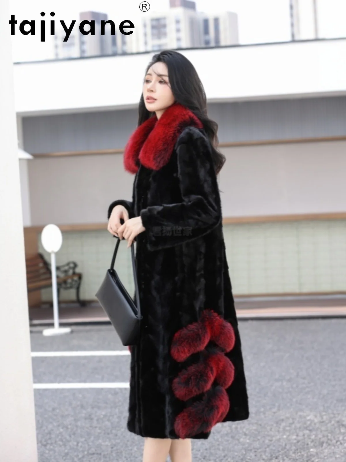 سترة من فرو المنك الطبيعي 100% من TAJIYANE معطف نسائي أسود طويل من فرو المنك الحقيقي مع ياقة من فرو الثعلب ملابس شتوية للنساء 2025