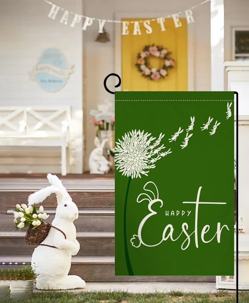 BLKWHT Easter Bunny Garden Flag 12x18 Vertical Double Sided Dandelion Green Spring Farmhouse Holiday Outside Decorations Bur EEZ