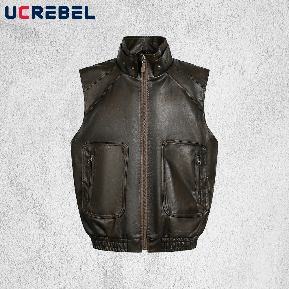 

Pocket Spliced PU Leather Vests Jacket Mens with Rivets Retro High Street Autumn Winter Stand Collar Motorcycle Outerwear Man