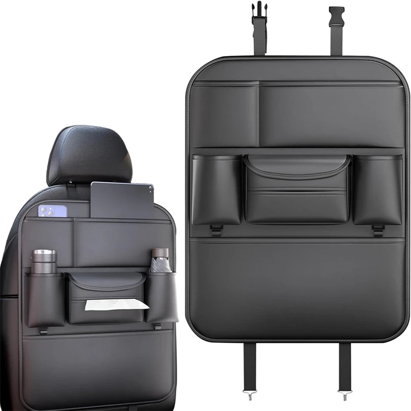 

Upgraded Car Seat Back Organizer 6 Pocket Storage Bag With Hook Cup Holder Anti Kick Pad Tissue Box Holder
