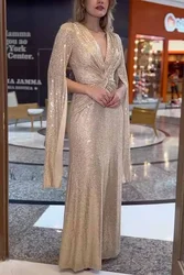 Autumn Winter Fashion Elegant Sequin Evening Dress Women Luxury V-neck Cloak Sleeves Slim Sequin Party Fishtail Dress Women